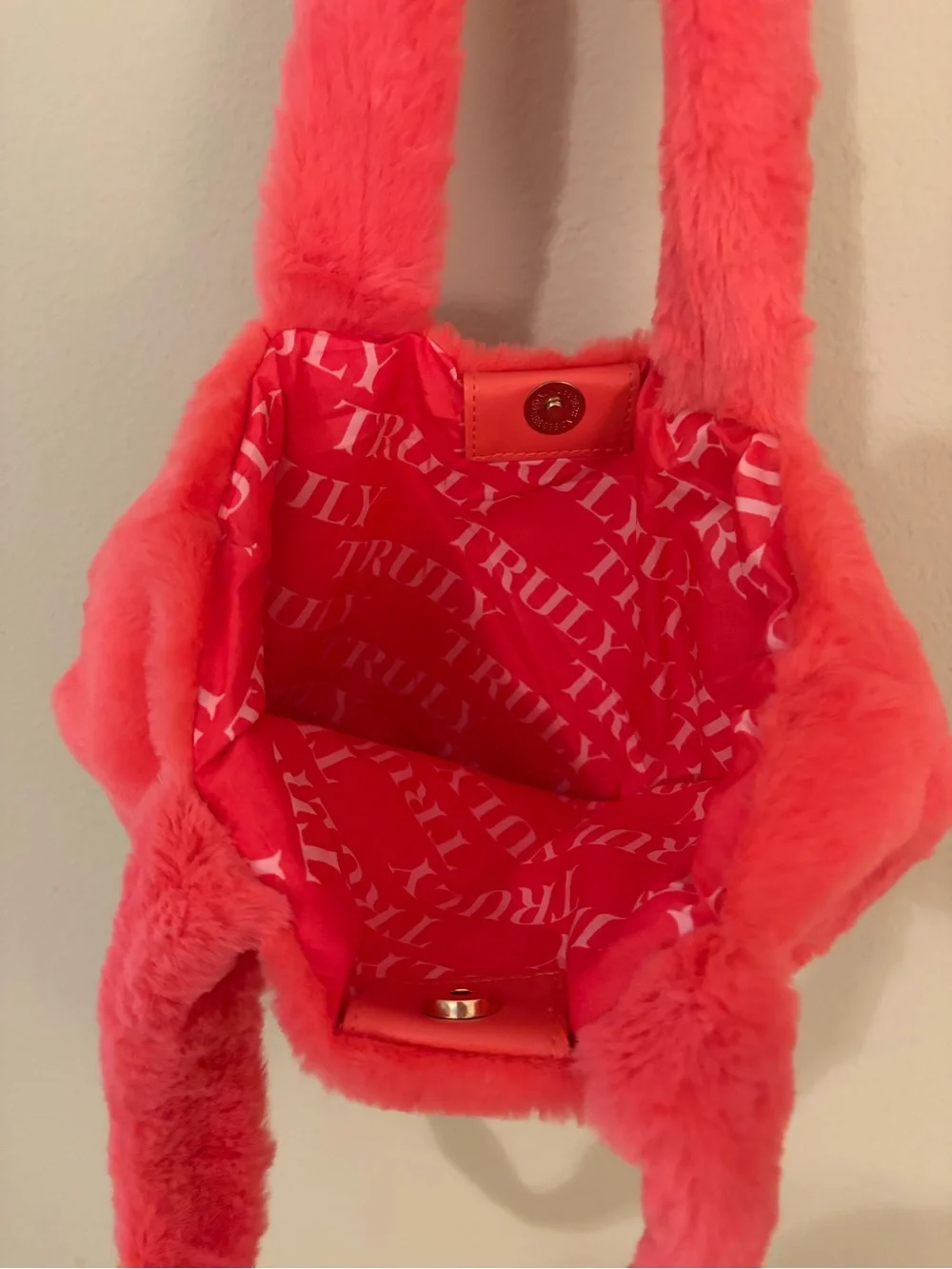 TRULY Coral Pink Faux Fur Tote - Plush Logo Shoulder Bag